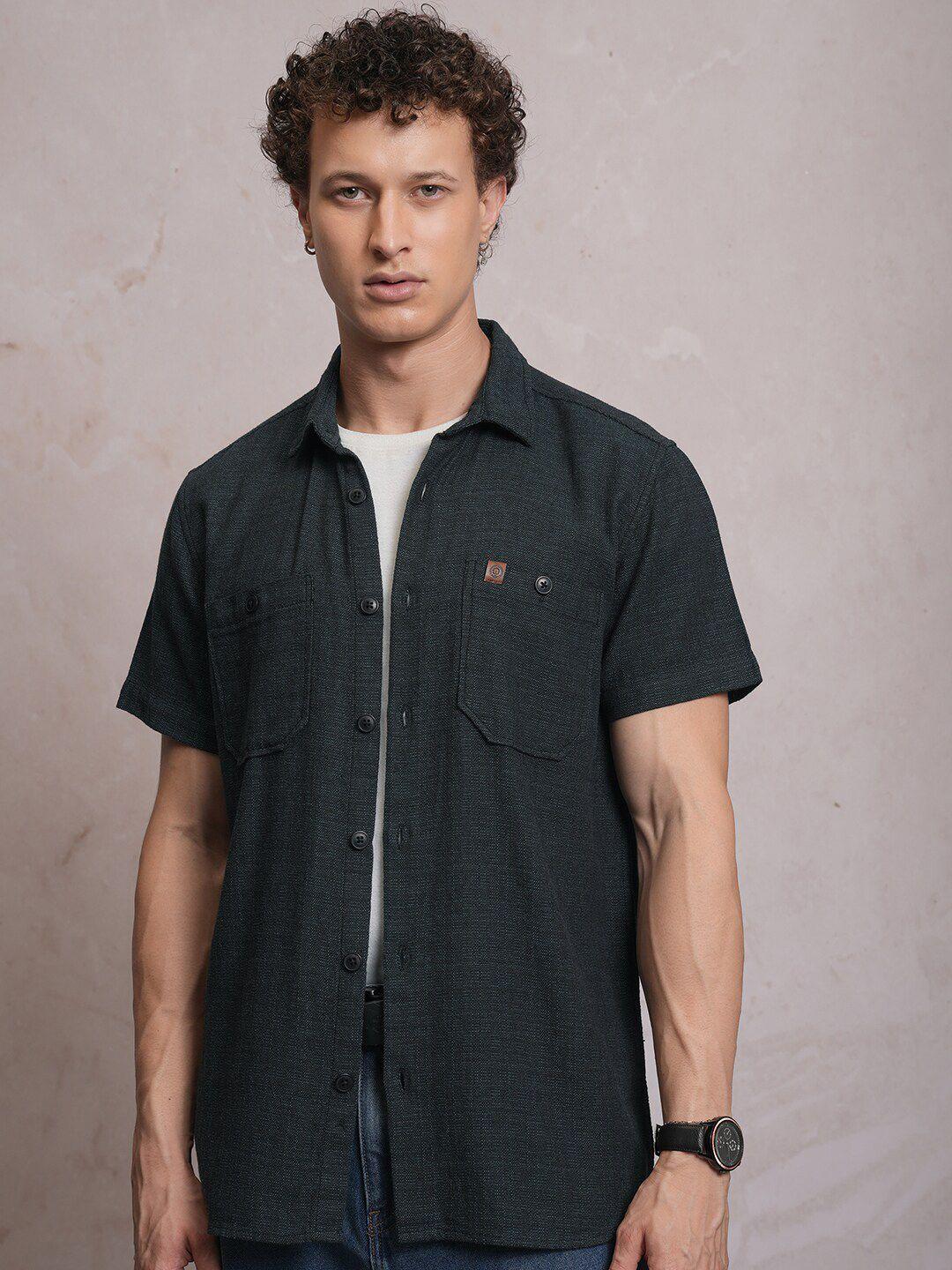 locomotive premium dobby textured checked utility pocket cotton casual shirt