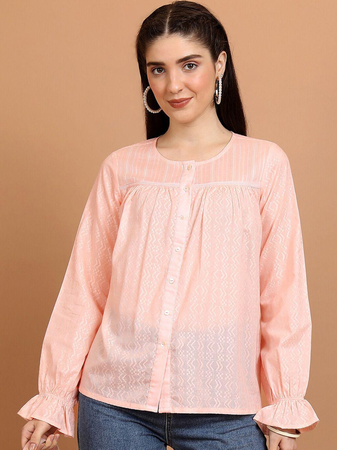 vishudh geometric self design gathered or pleated cotton shirt style top