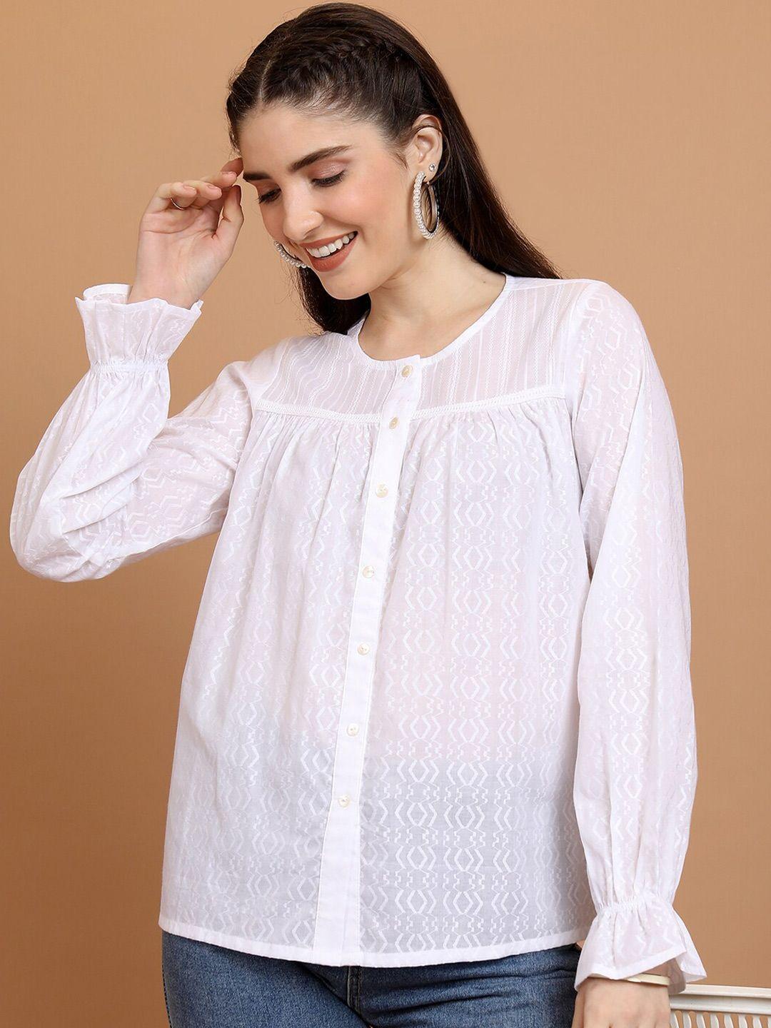 vishudh geometric self design gathered or pleated cotton shirt style top