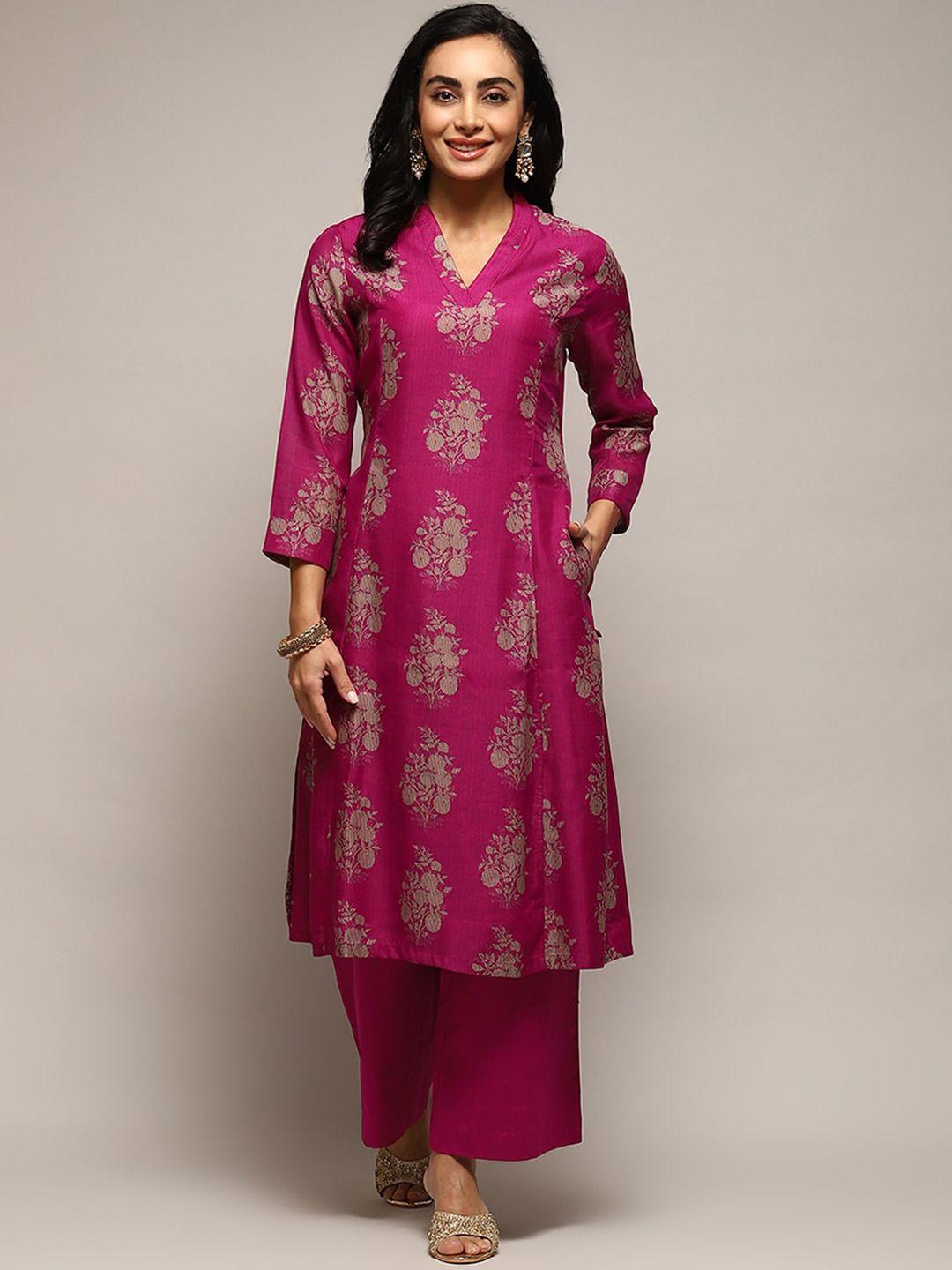 biba ethnic motifs printed v-neck a-line kurta with palazzos