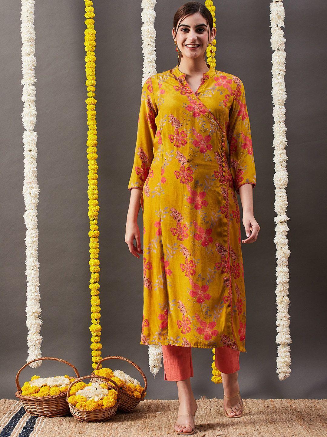 fashor women mustard yellow floral printed sequinned kurta