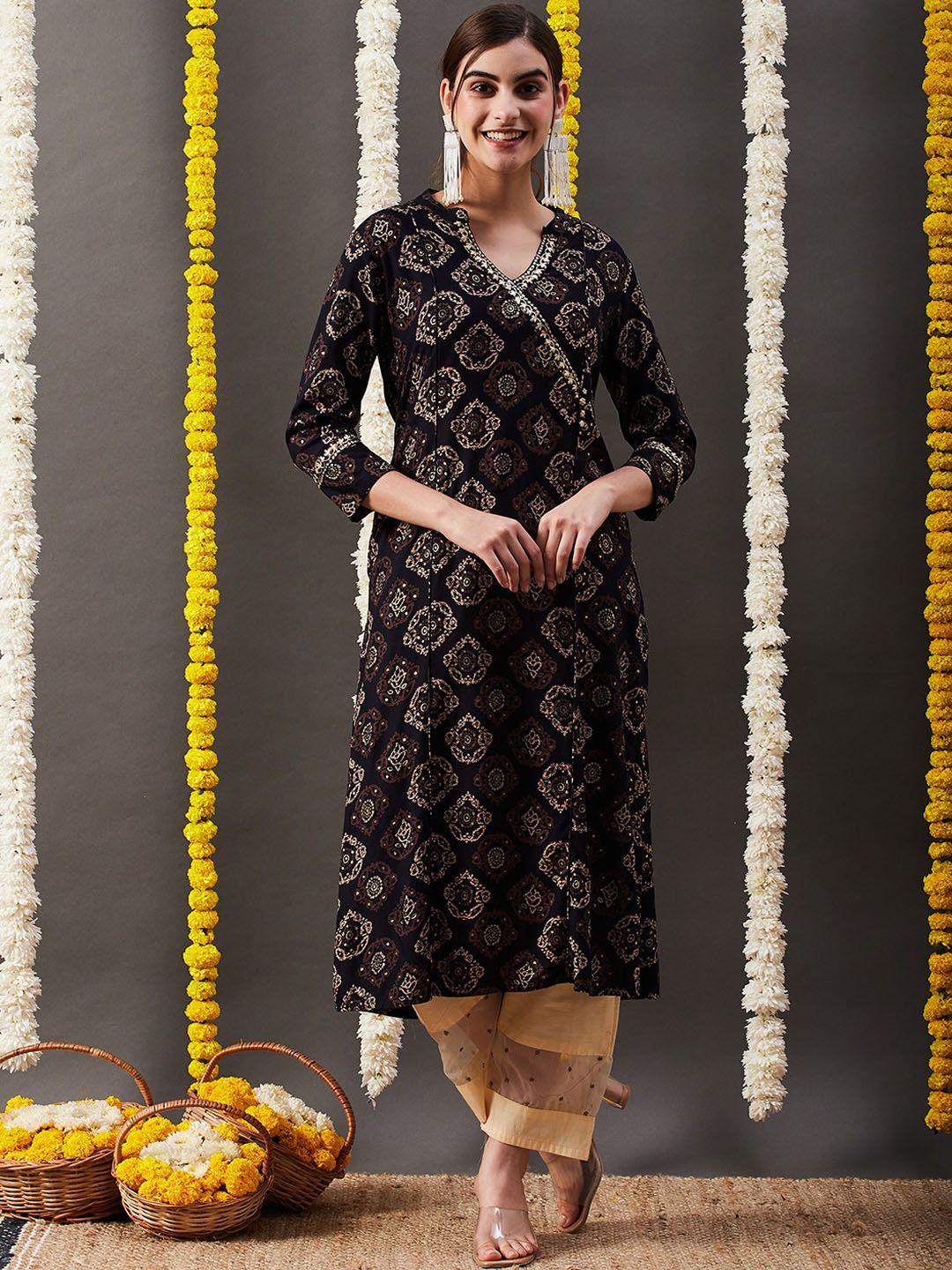 fashor women black ethnic motifs printed kurta