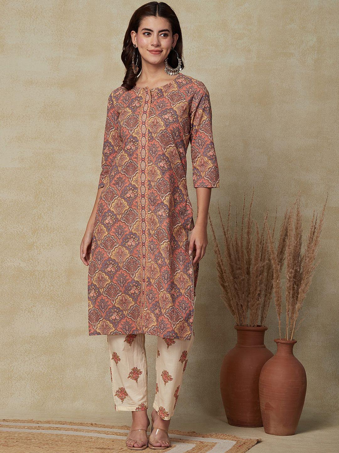 fashor women multicoloured ethnic motifs printed regular pure cotton kurta with trousers