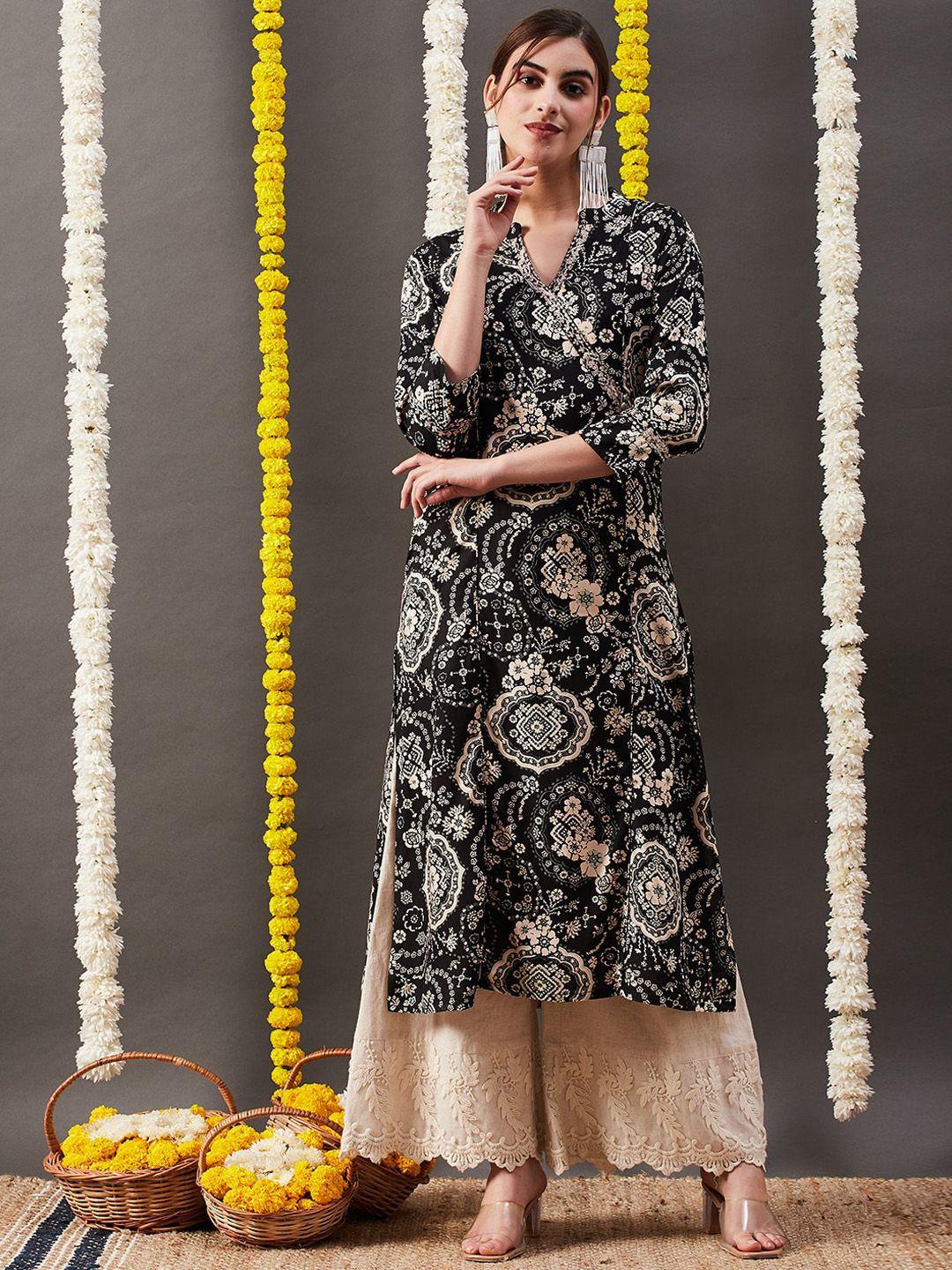 fashor women black floral printed kurta