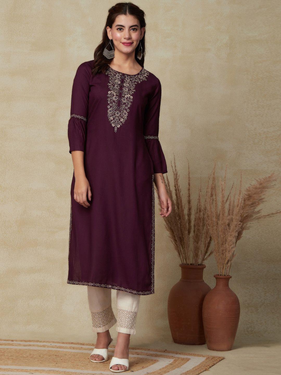 fashor women burgundy floral embroidered mirror work kurta