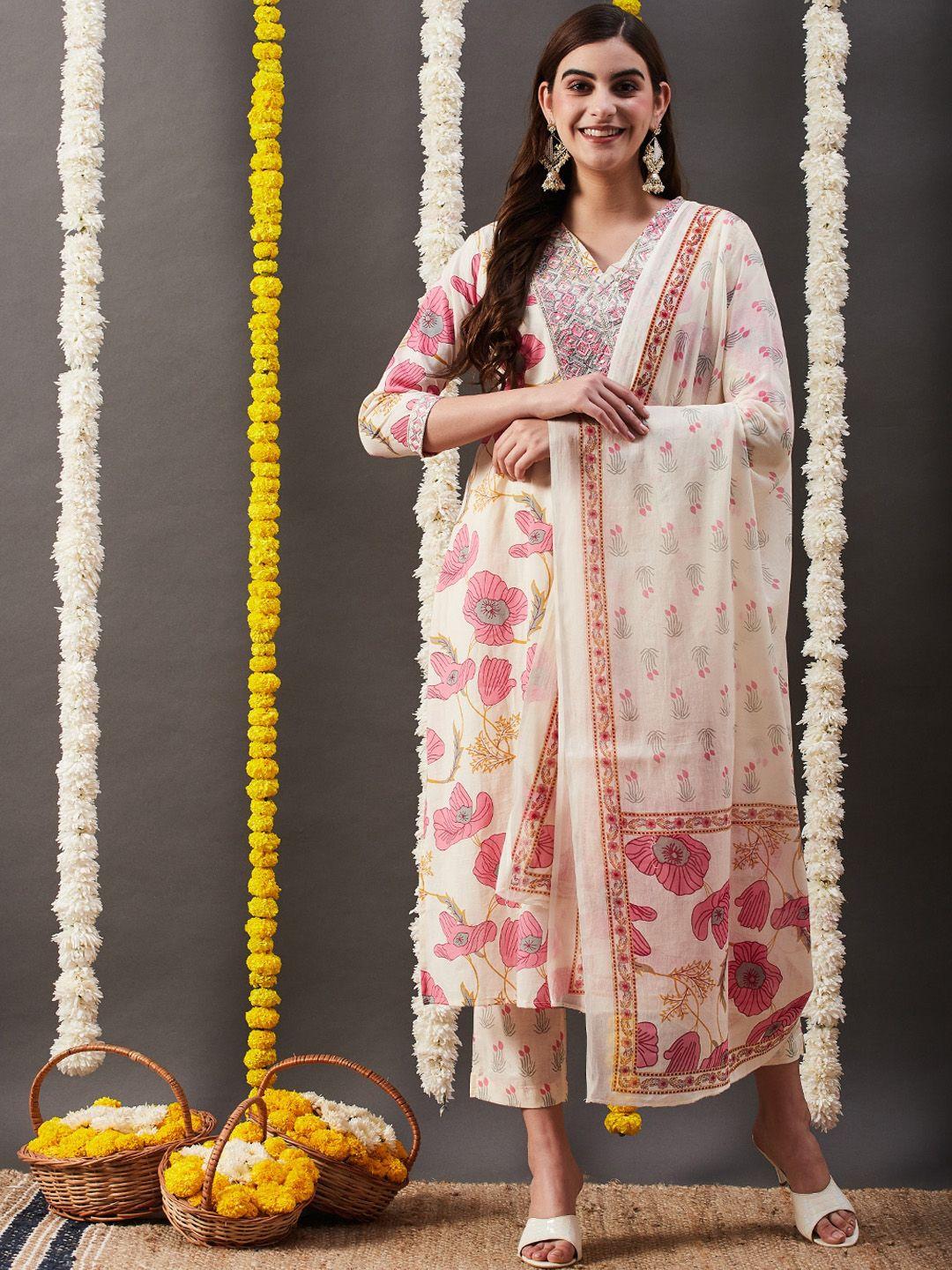 fashor women off white floral printed regular sequinned pure cotton kurta with trousers & with dupatta