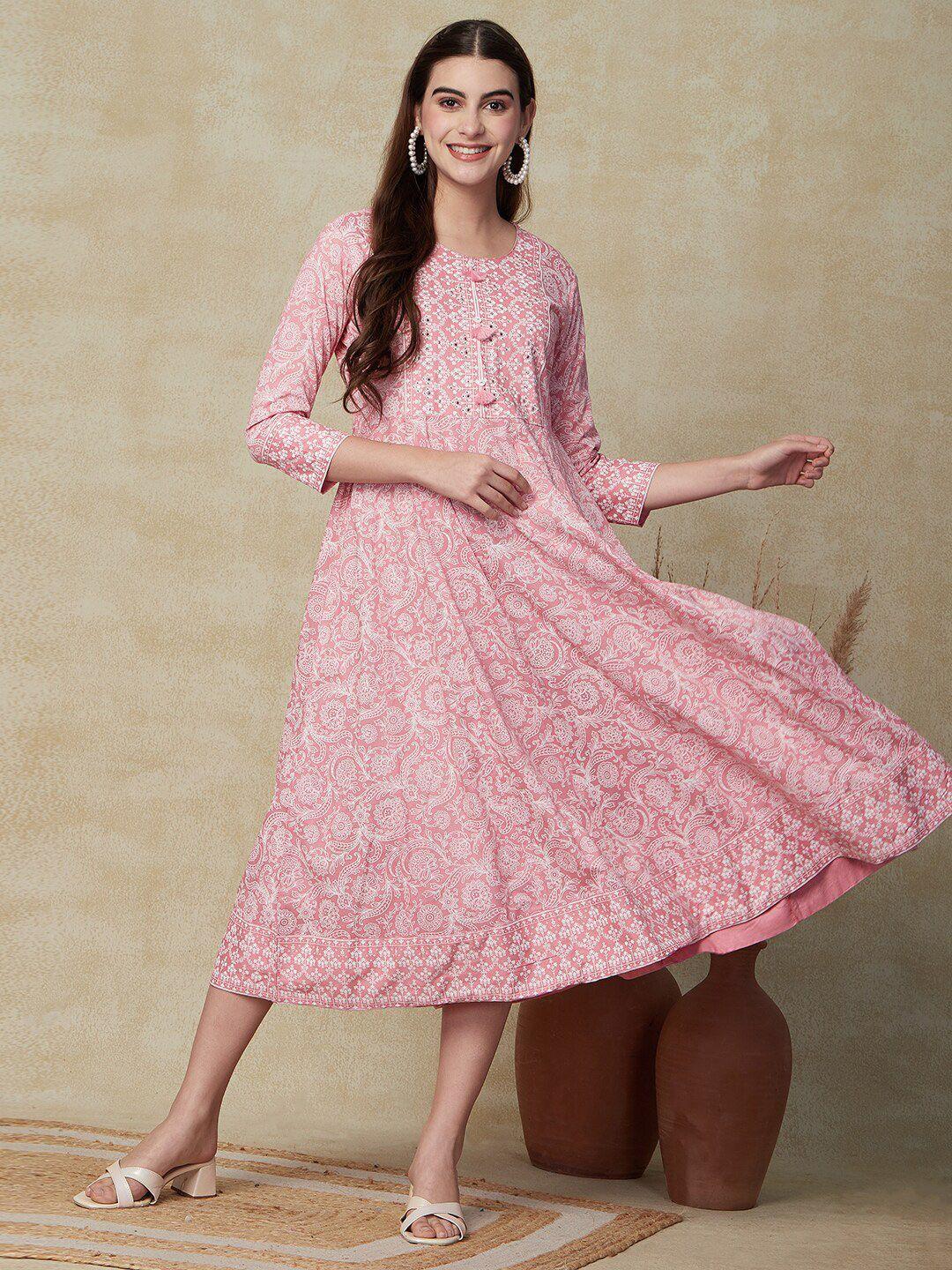 fashor pink ethnic motifs print fit & flare midi dress