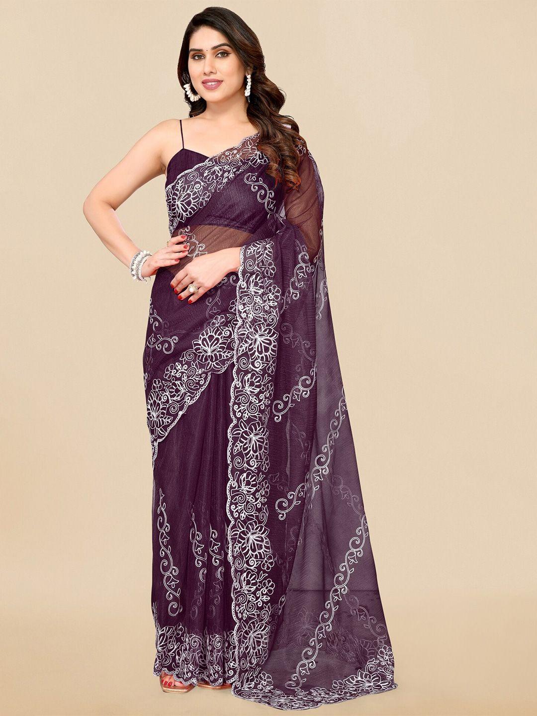 mirchi fashion purple & white floral embroidered saree