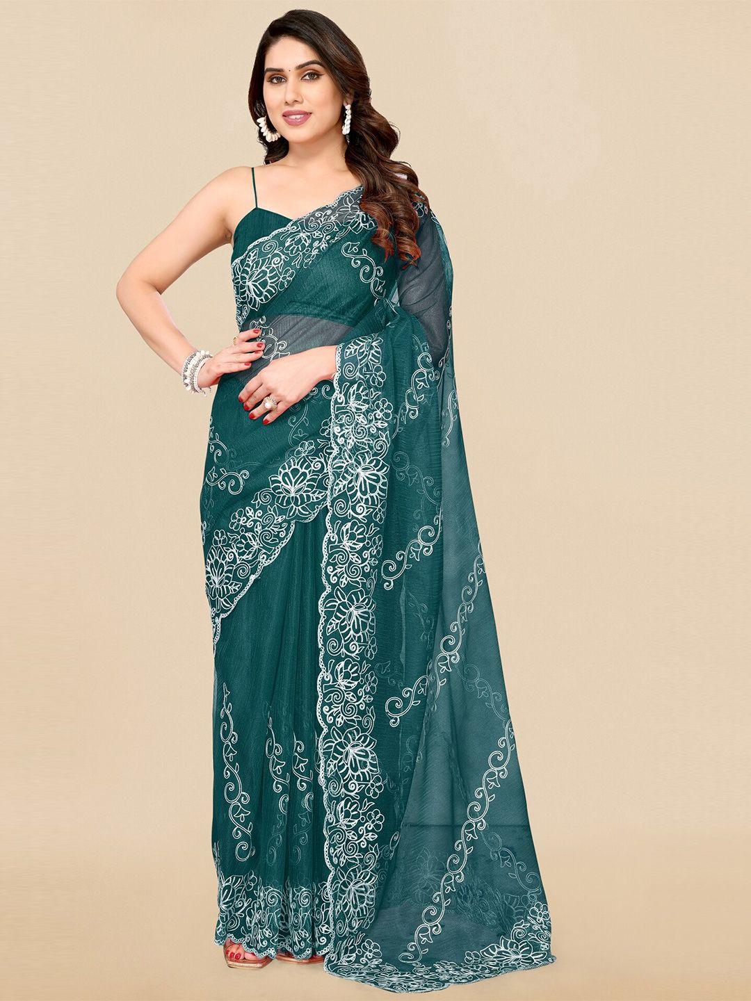 mirchi fashion teal green & white floral embroidered net saree