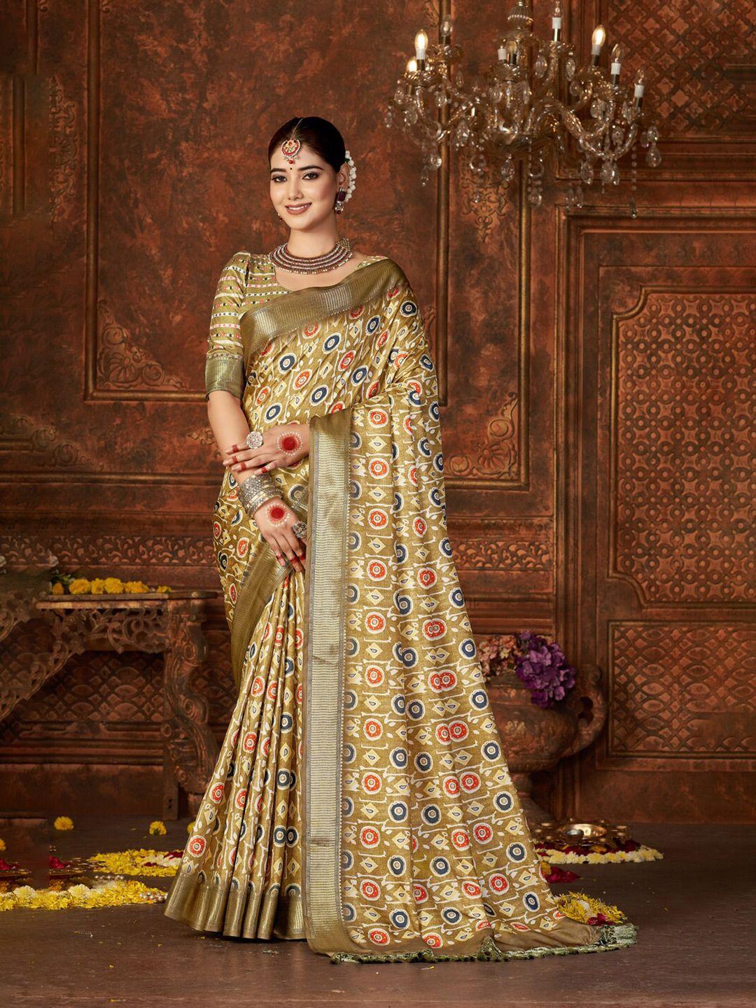 mitera brown zari pure silk designer block print saree