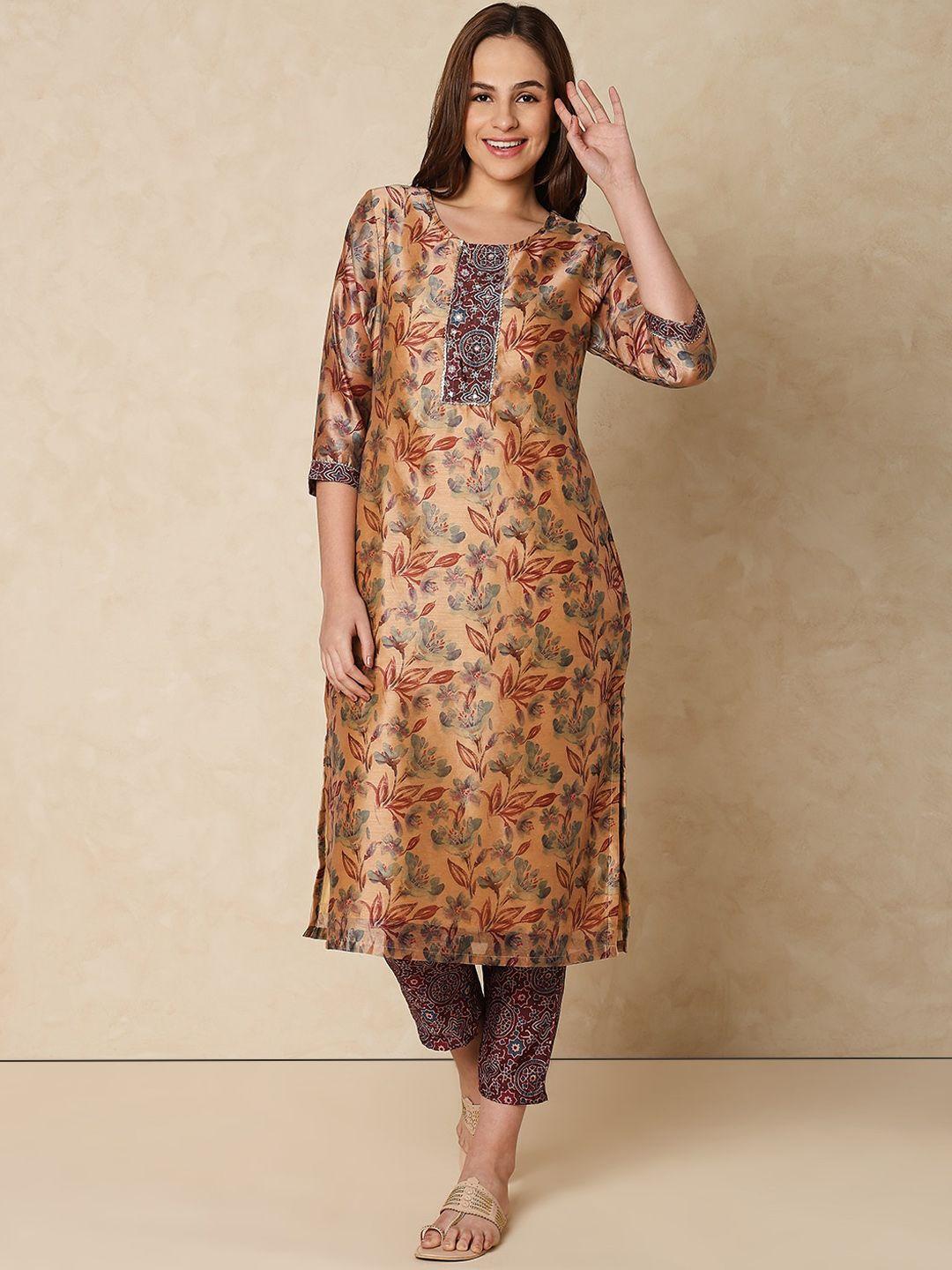 indifusion floral printed regular straight kurta with ajrakh trousers