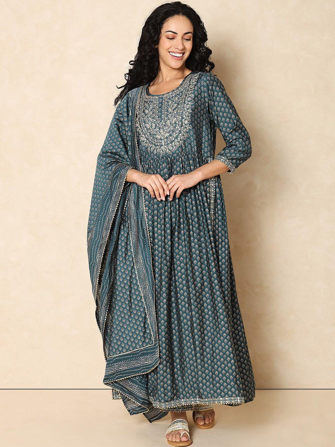 indifusion ethnic motifs printed gotta patti anarkali kurta with trousers & dupatta