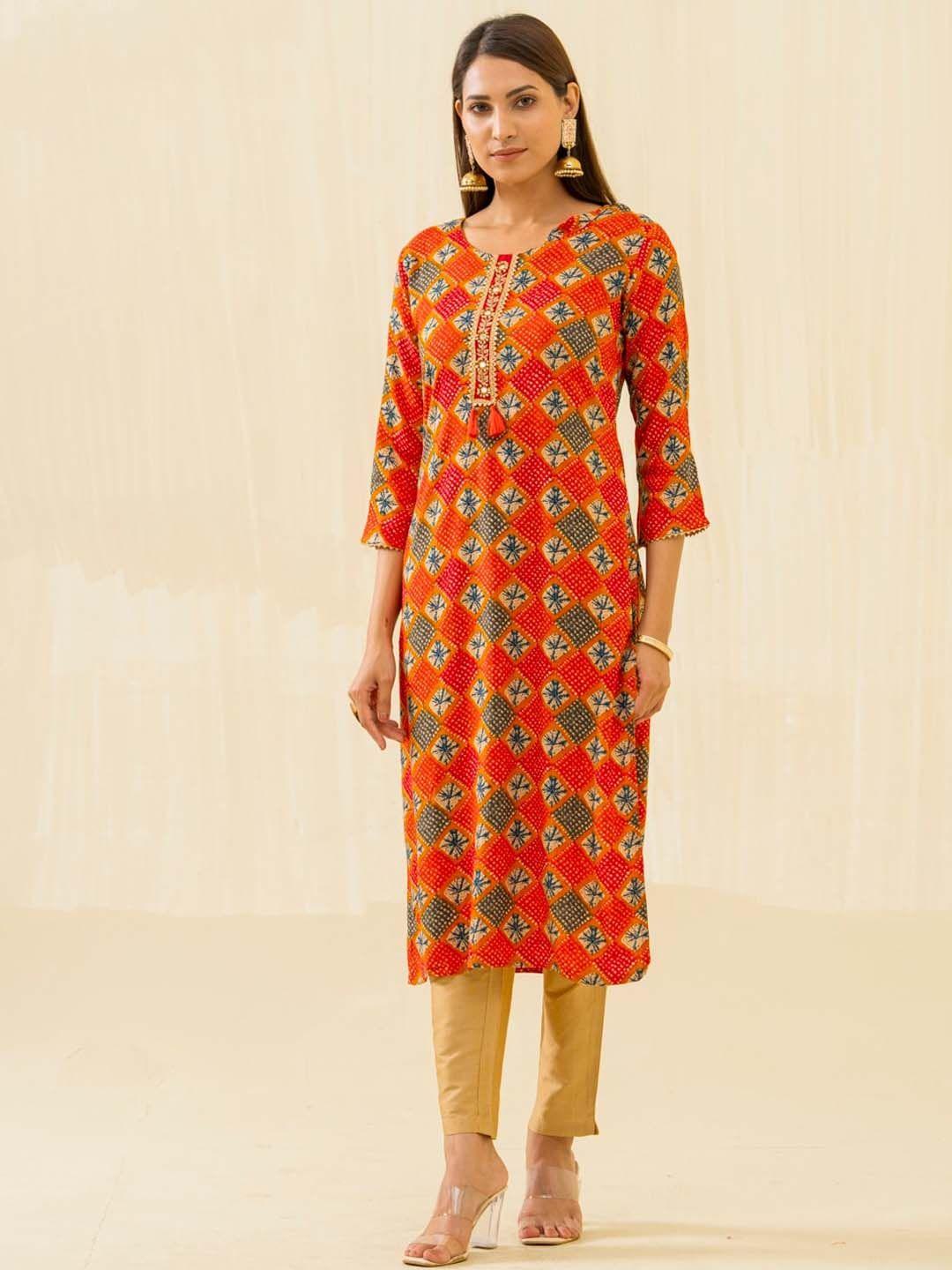 sangria orange geometric printed straight kurtas