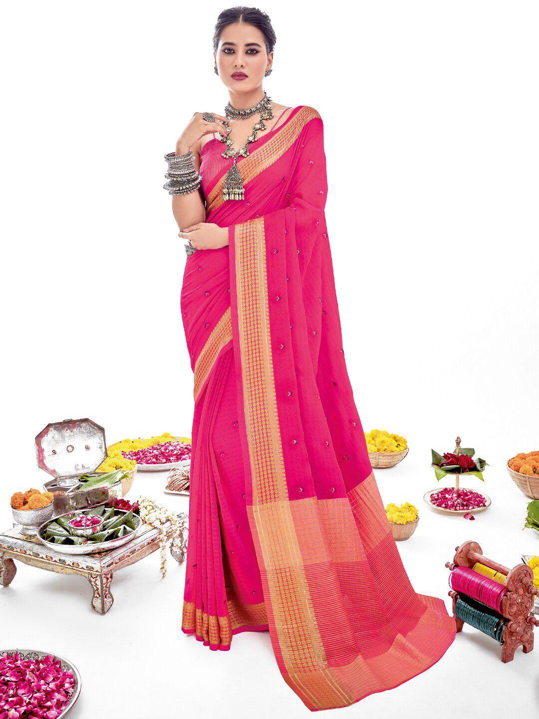 sanskar pink floral embroidered silk blend designer saree