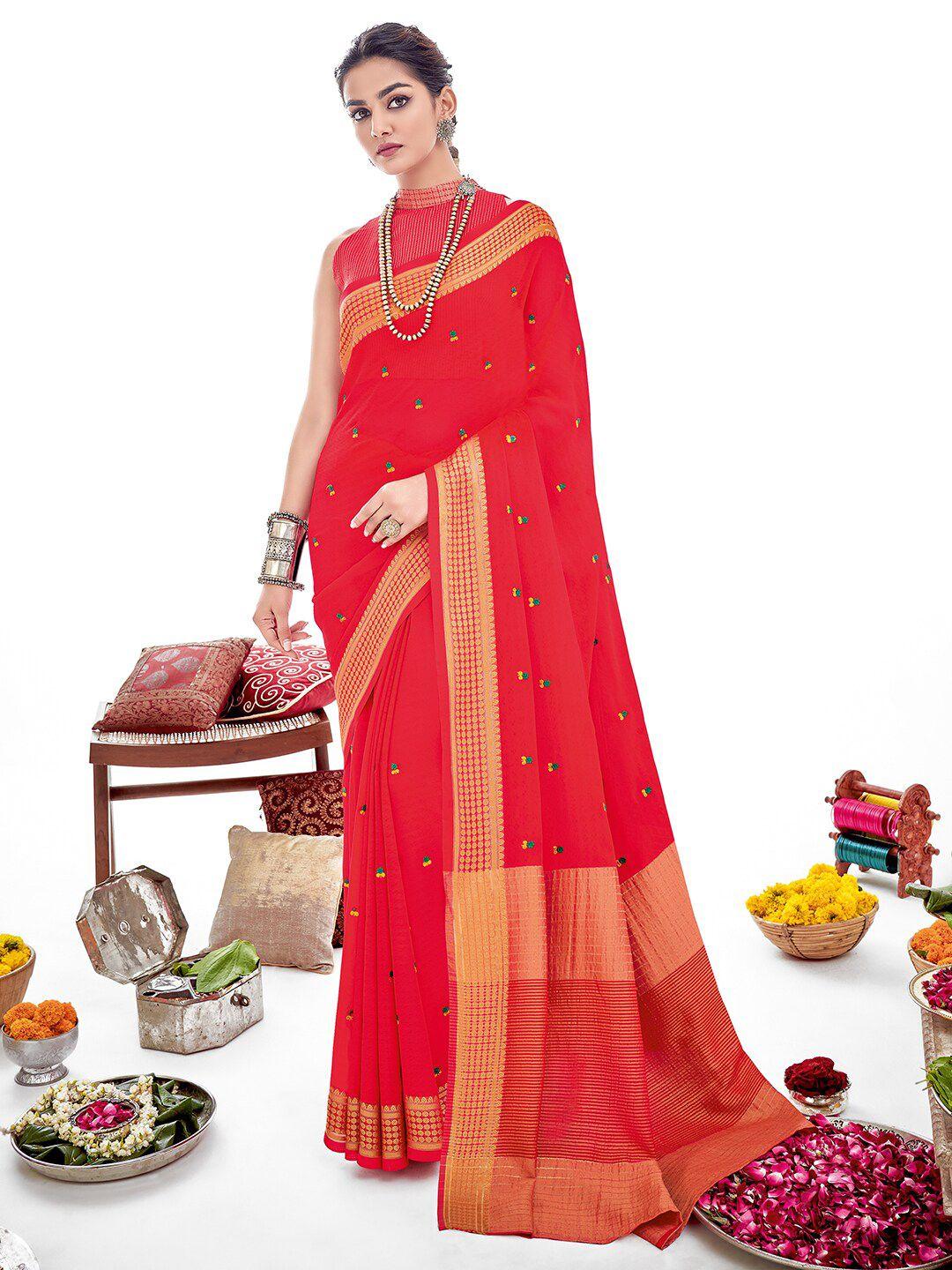 sanskar red floral embroidered silk blend designer saree