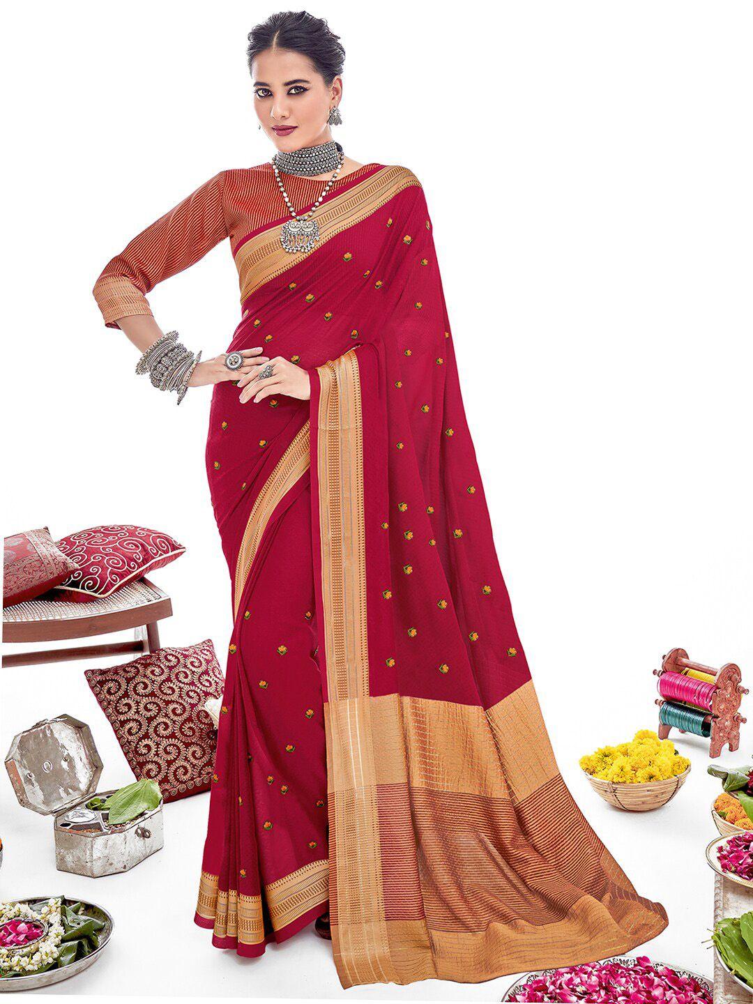 sanskar red floral embroidered silk blend designer saree