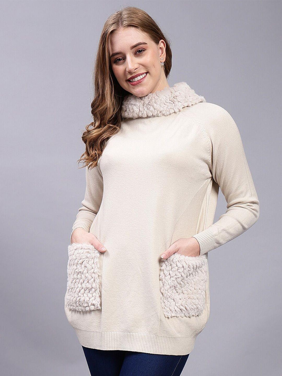 albion women cream-coloured woollen longline pullover