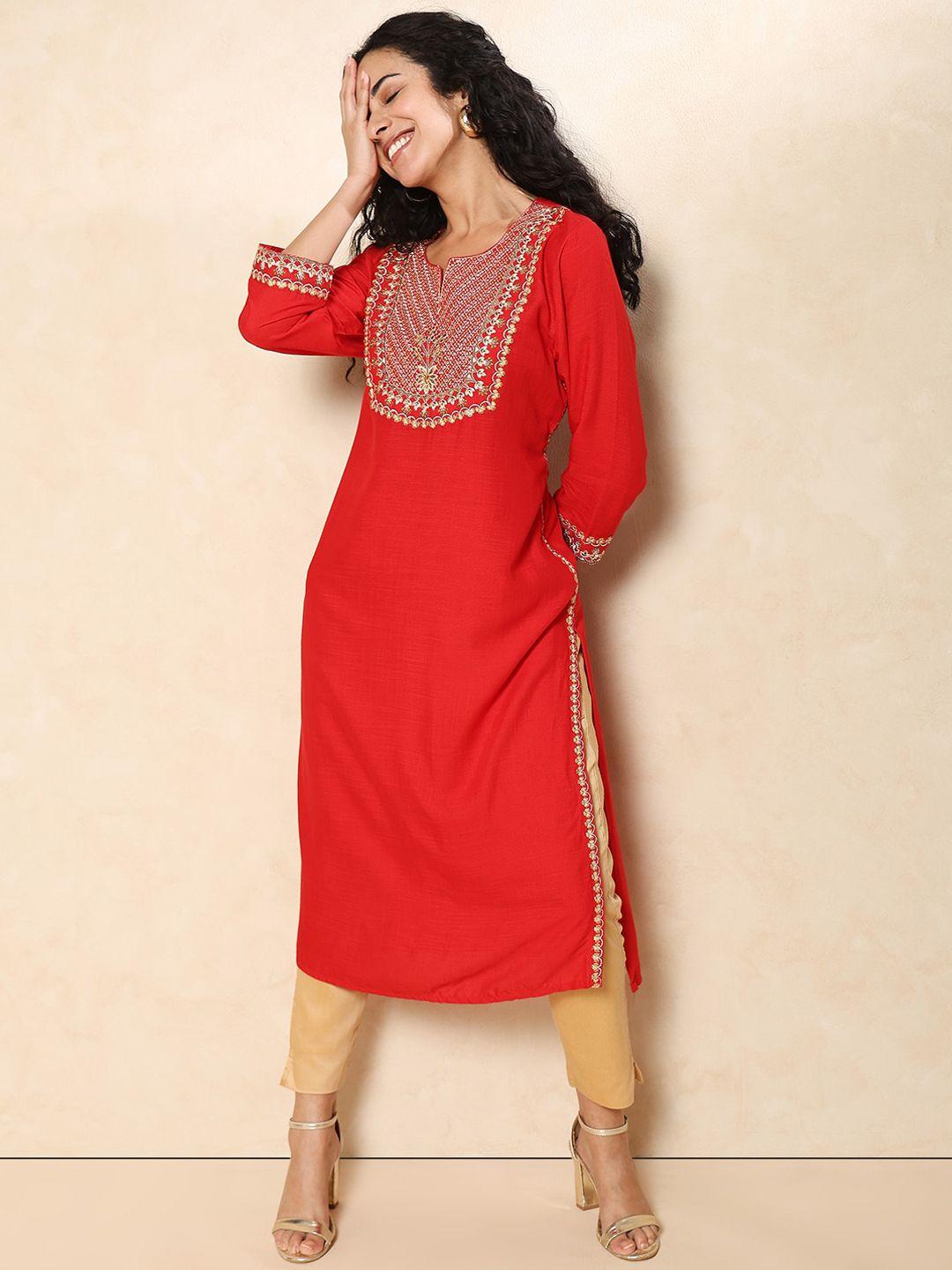 indifusion ethnic motifs embroidered straight kurta