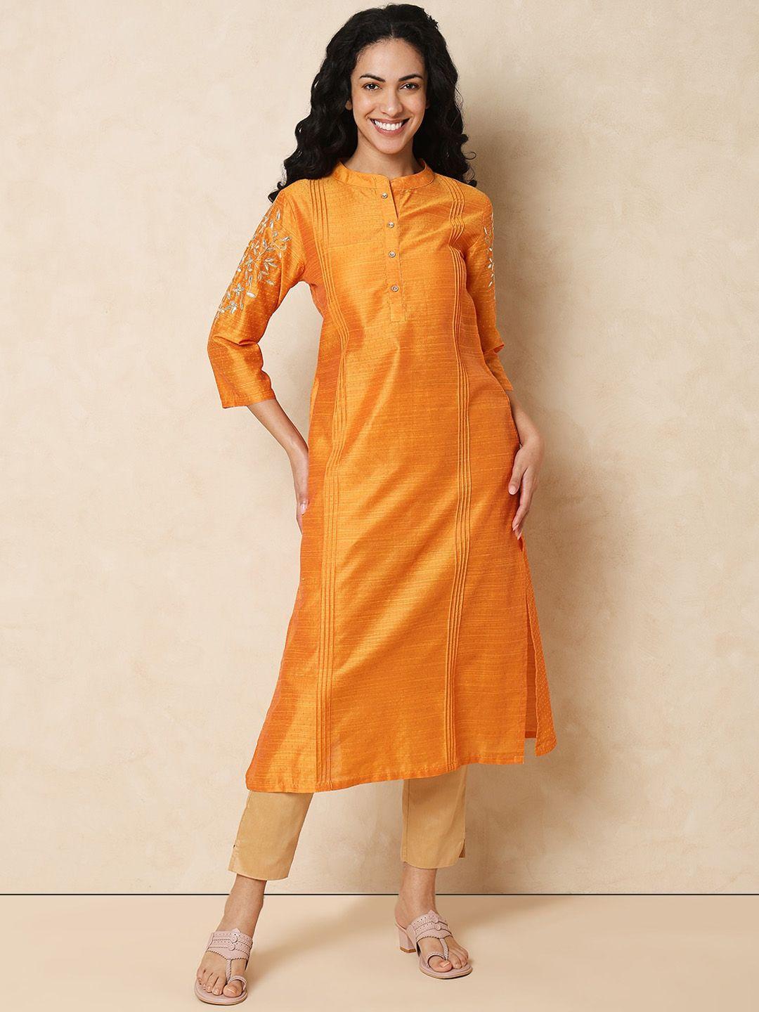 indifusion floral embroidered zari chanderi silk straight kurta