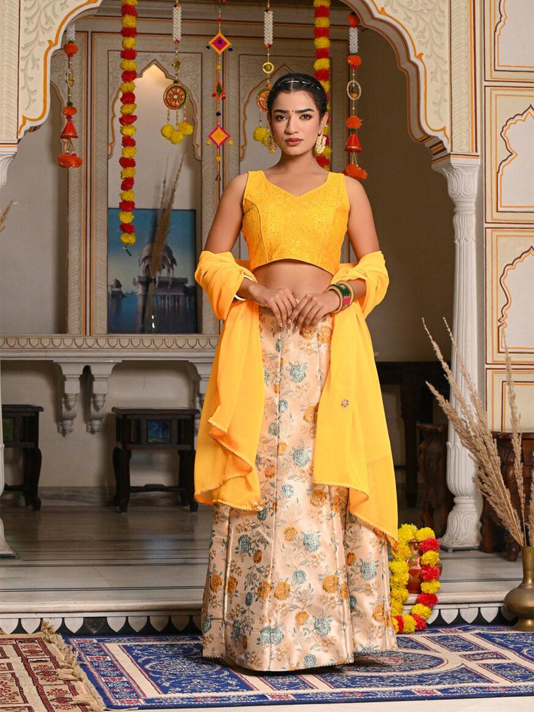 indi inside yellow embroidered thread work foil print semi-stitched lehenga & unstitched blouse with dupatta