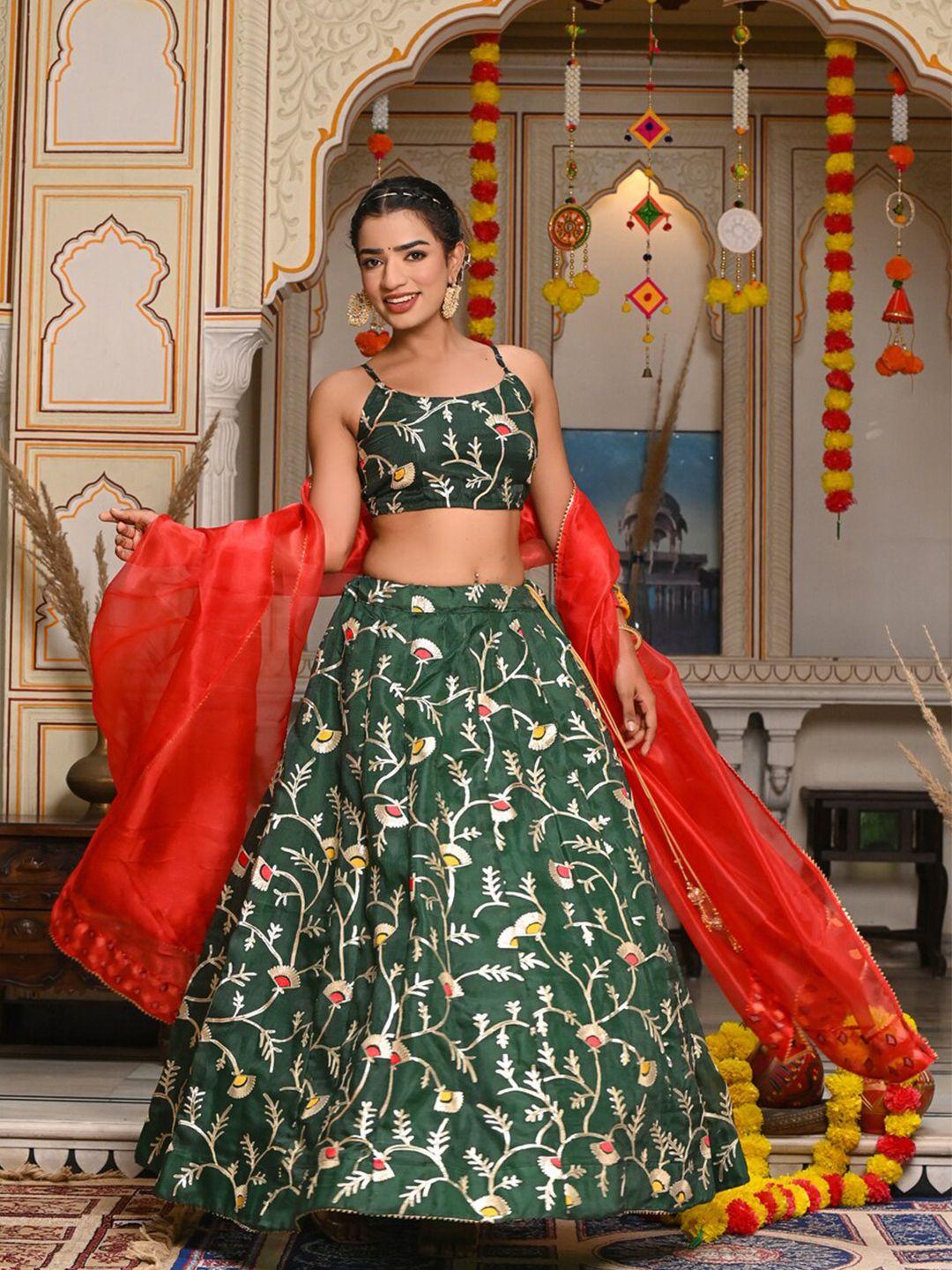 indi inside green embellished semi-stitched lehenga & unstitched blouse with dupatta