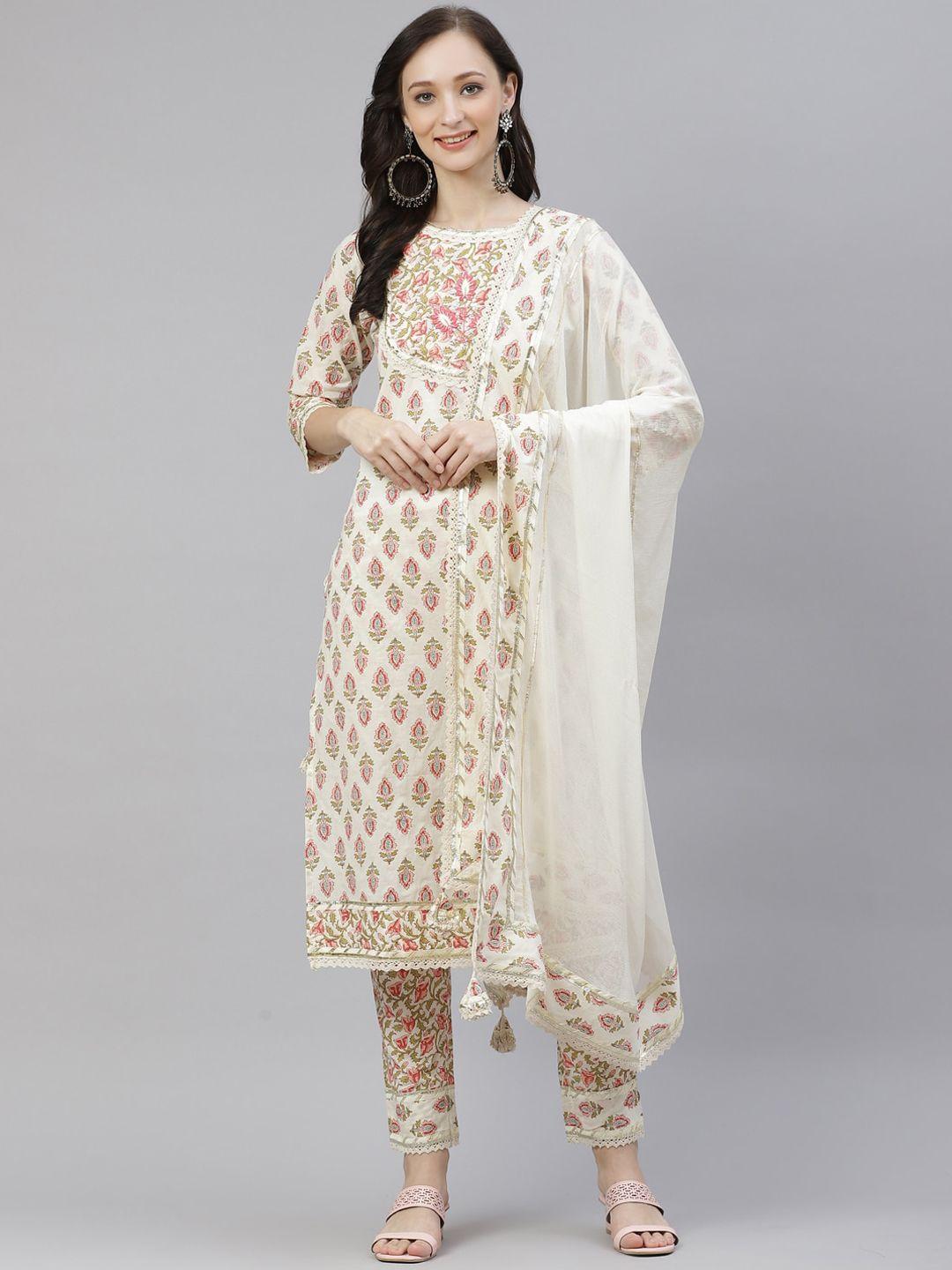 kalini ethnic motifs printed thread work pure cotton kurta & trousers with dupatta