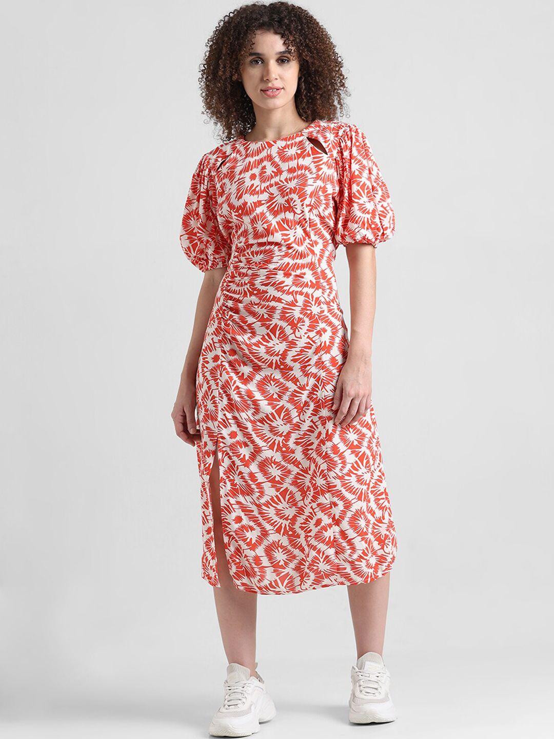 only abstract printed puff sleeves gathered a-line midi dress