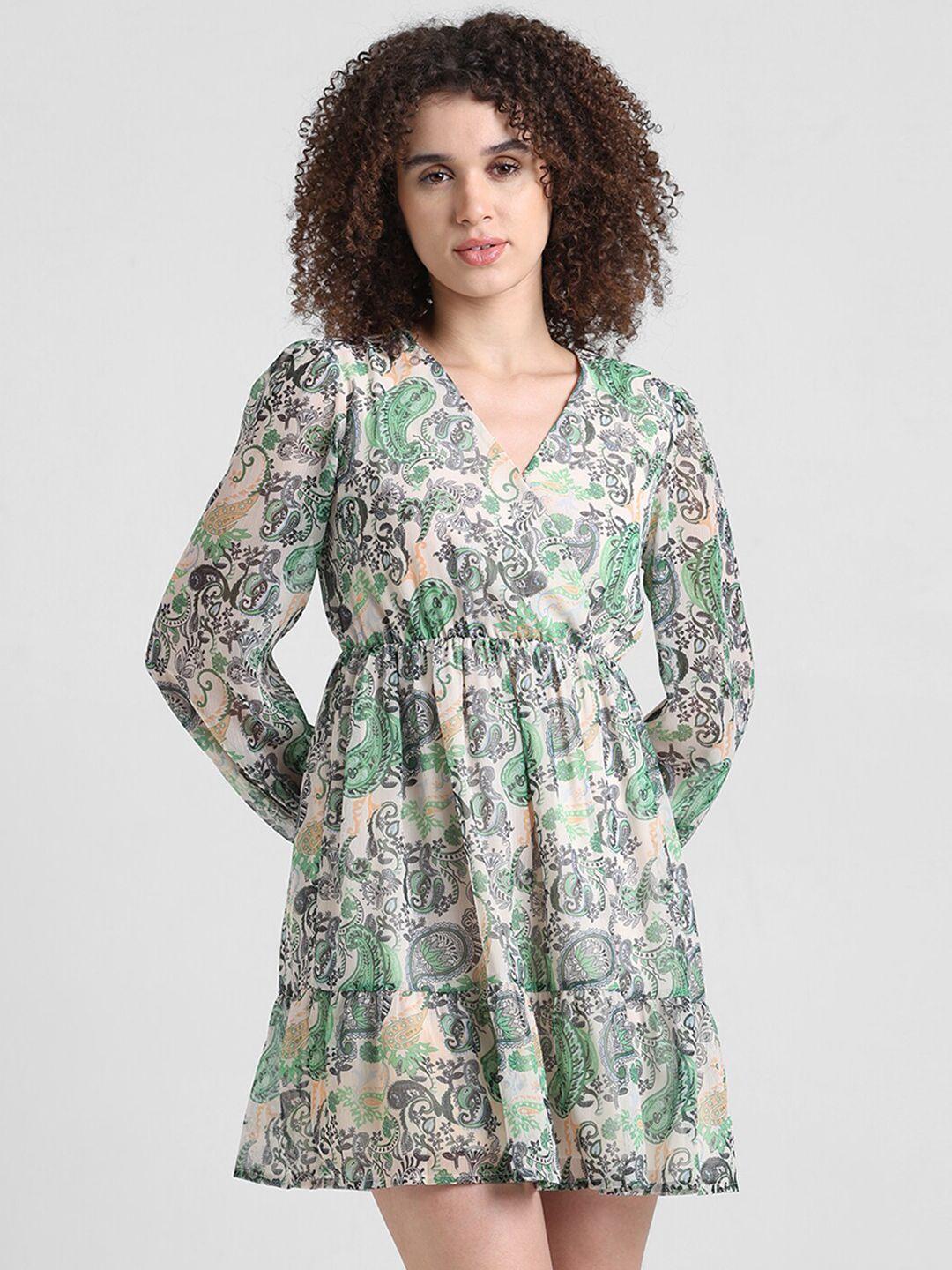 only green tribal print chiffon fit & flare dress