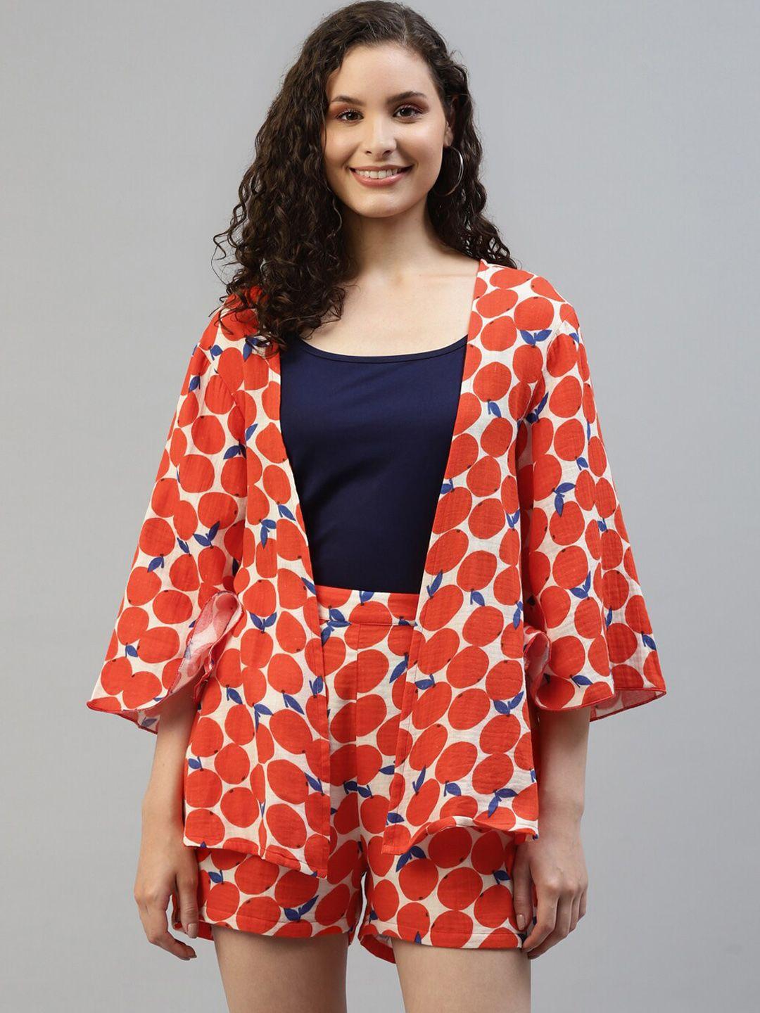 deebaco printed front-open shrug with shorts co-ords