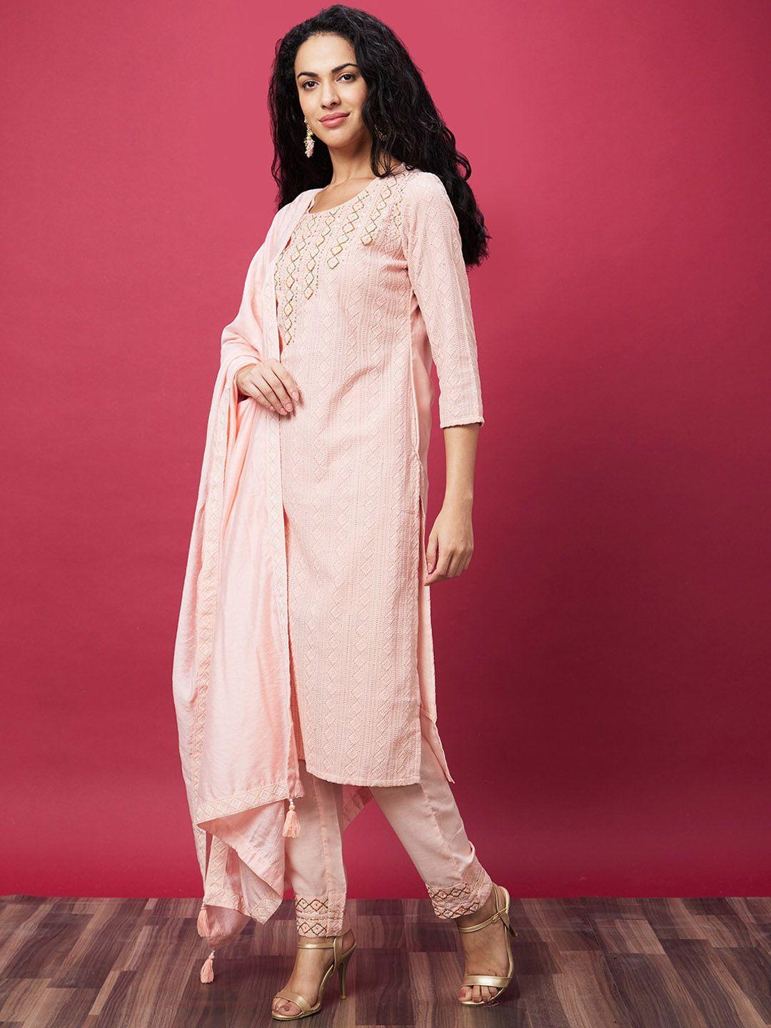 globus women peach-coloured embroidered regular thread work pure cotton kurta with trousers & with dupatta