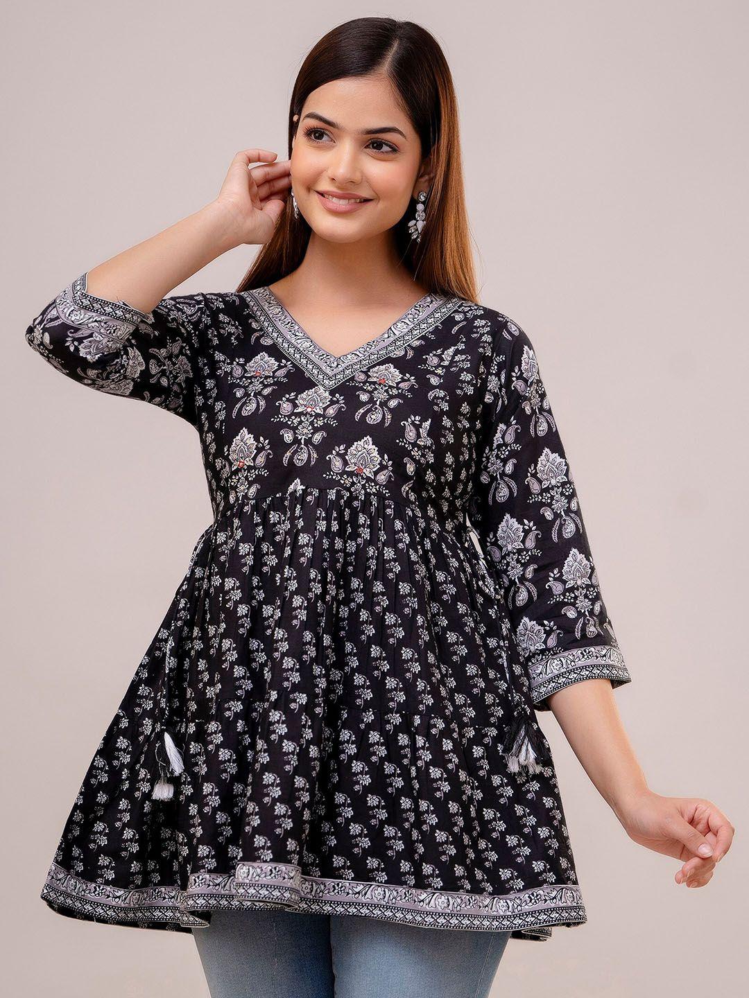 kalini black floral printed v-neck pure cotton kurti