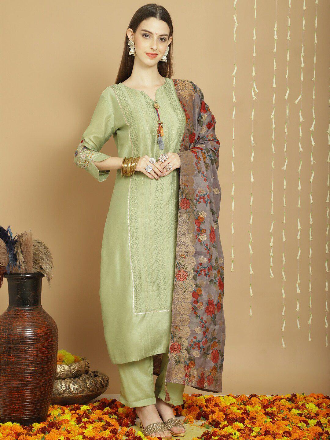 stylee lifestyle green embroidered art silk semi-stitched dress material