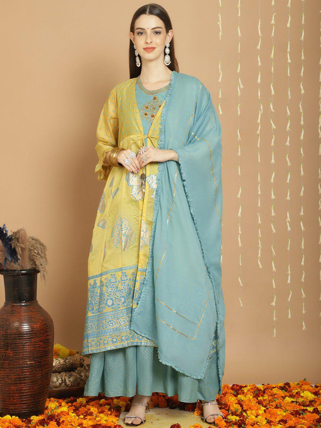 stylee lifestyle yellow embroidered art silk semi-stitched dress material