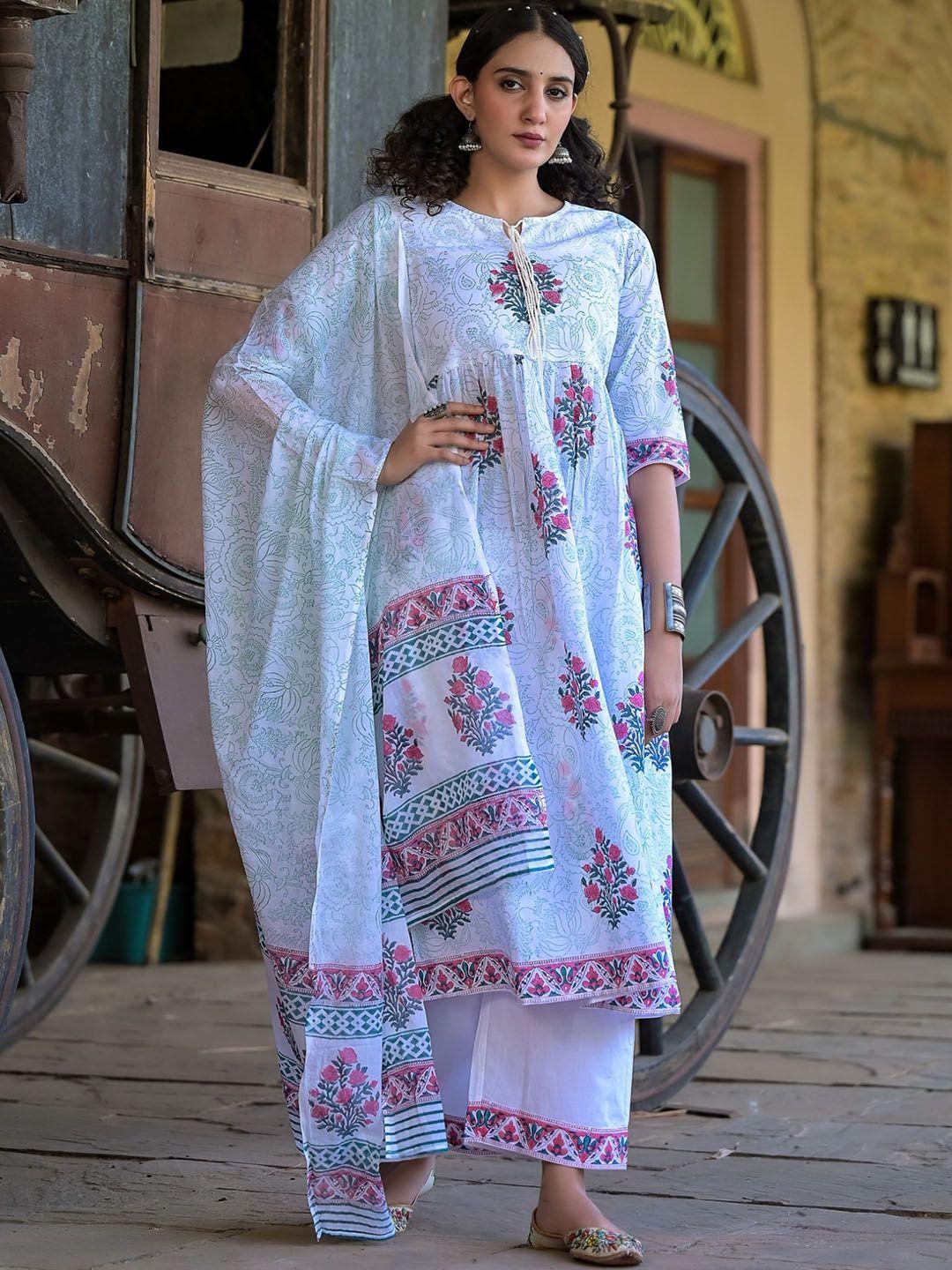 the kapas floral printed tie up neck block print pure cotton kurta with palazzos & dupatta