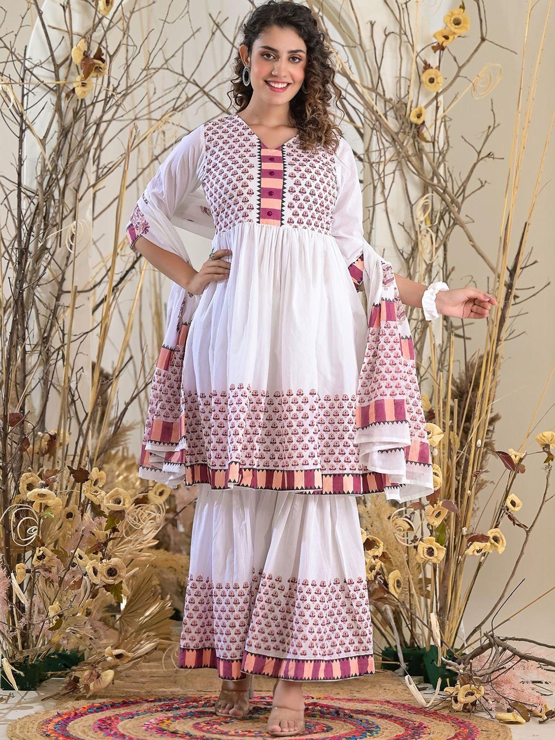 the kapas floral printed v-neck block print pure cotton kurta with sharara & dupatta