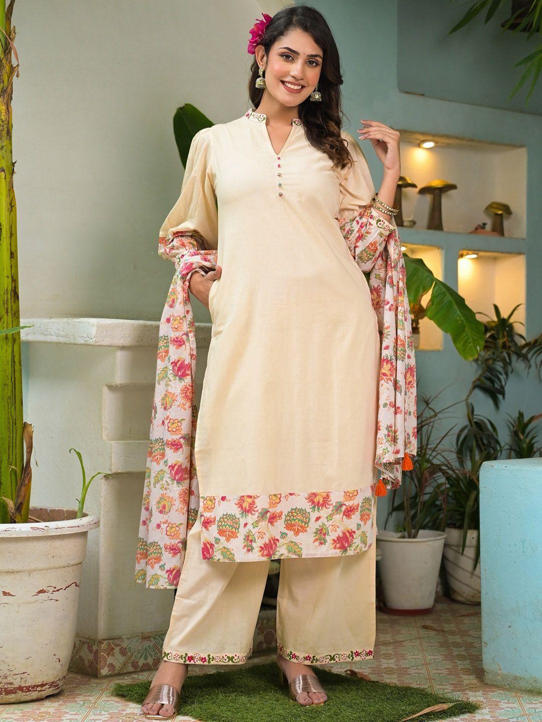 the kapas mandarin collar puffed sleeves kurta with palazzos & dupatta