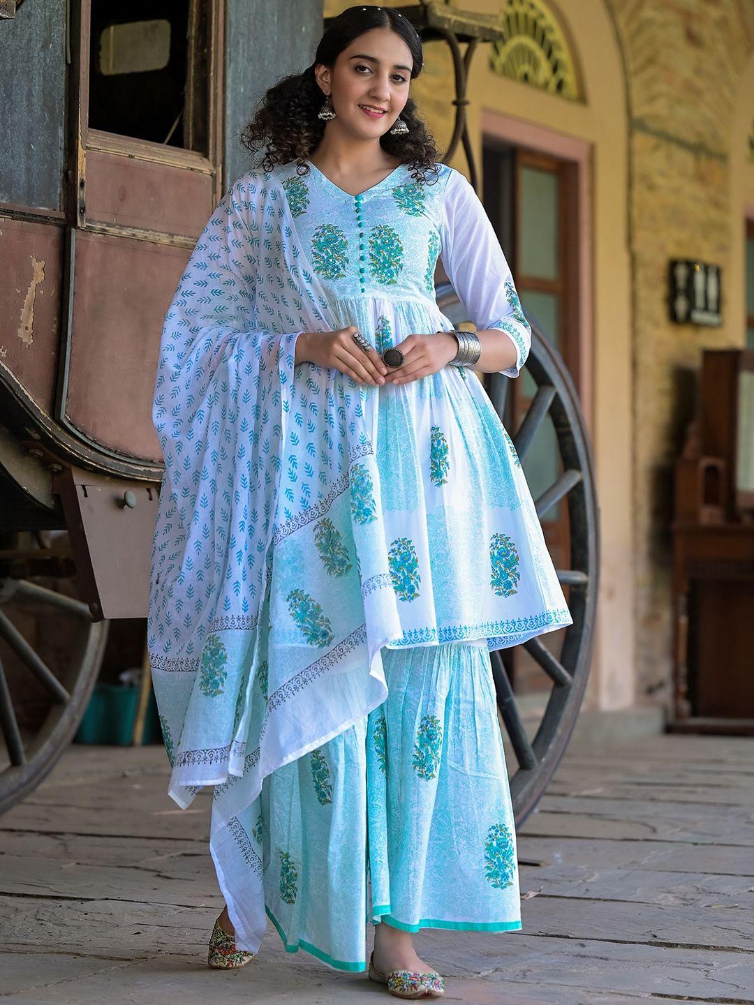 the kapas floral printed v-neck block print pure cotton kurta with sharara & with dupatta