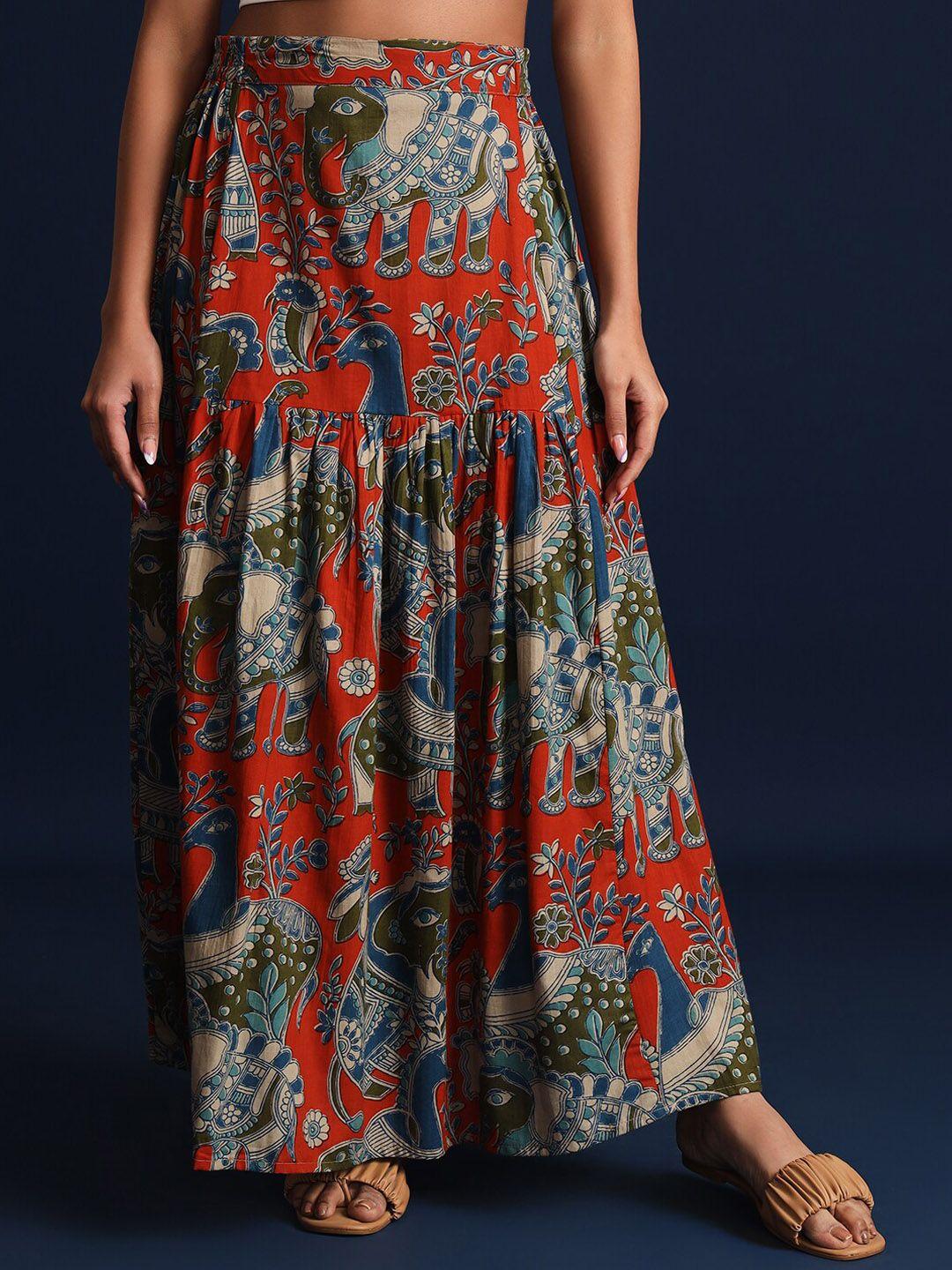 taavi kalamkari printed pure cotton maxi skirt