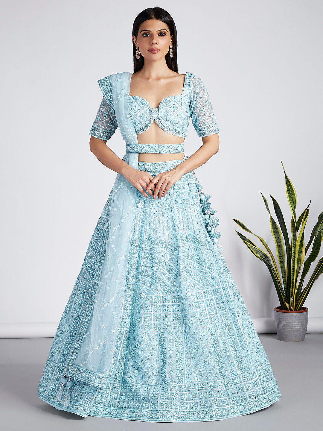 vaani creation turquoise blue embroidered sequinned semi-stitched lehenga & unstitched blouse with dupatta