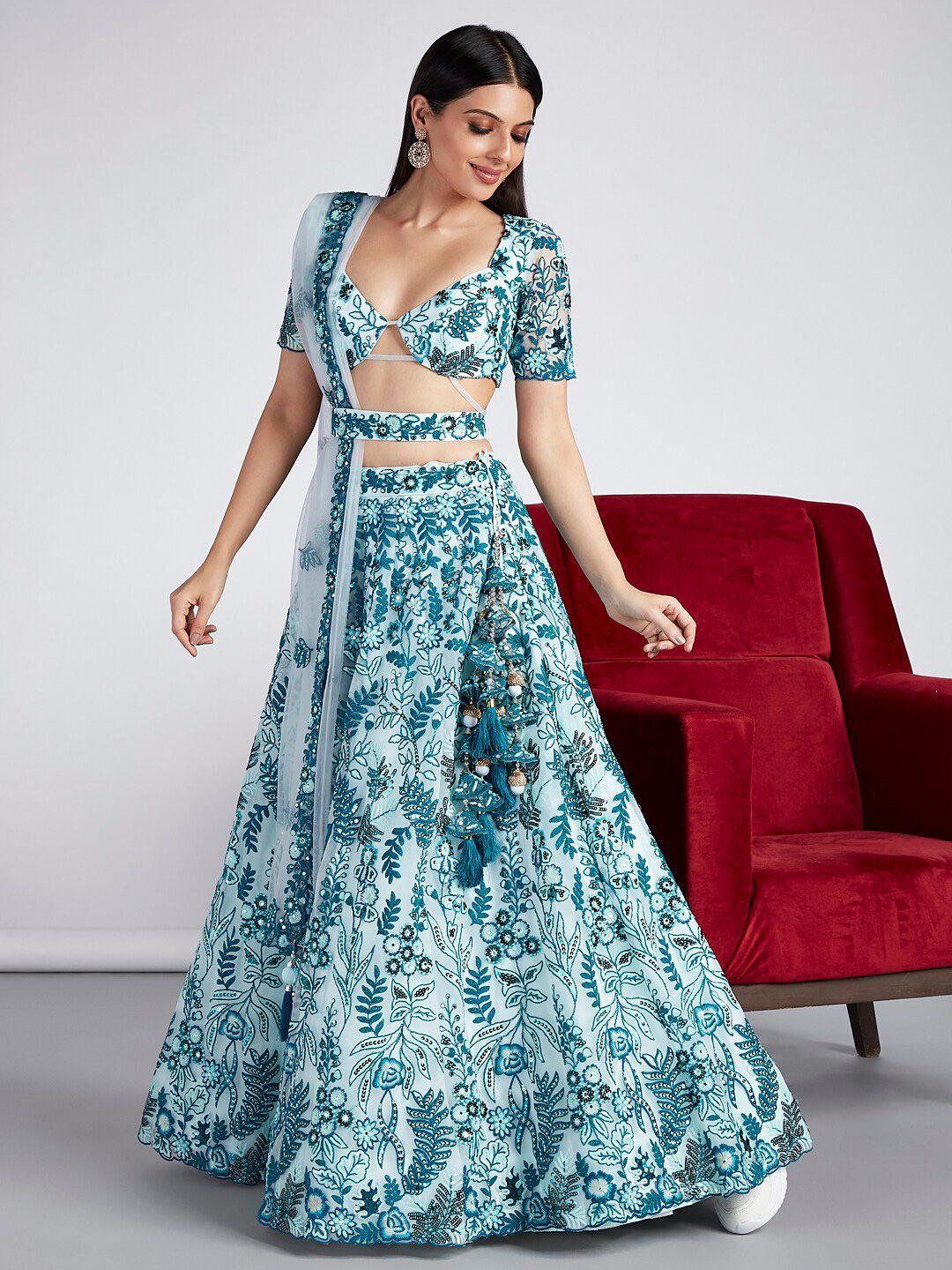 vaani creation turquoise blue embroidered sequinned semi-stitched lehenga & unstitched blouse with dupatta