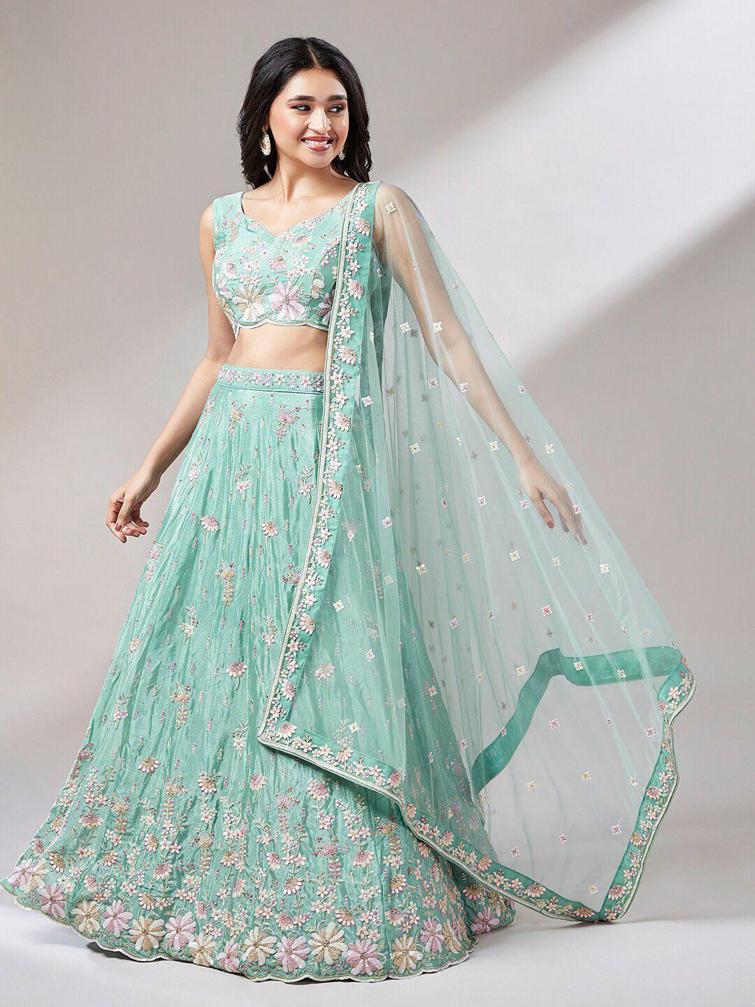 vaani creation sea green embroidered sequinned semi-stitched lehenga & unstitched blouse with dupatta