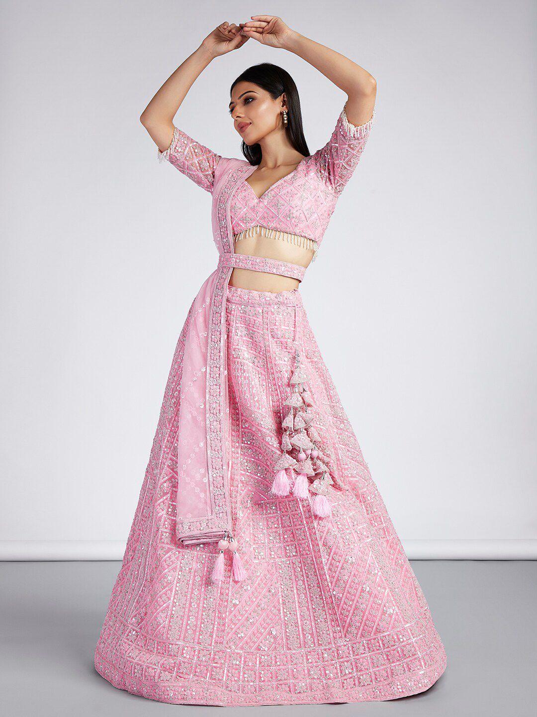 vaani creation pink embroidered sequinned semi-stitched lehenga & unstitched blouse with dupatta