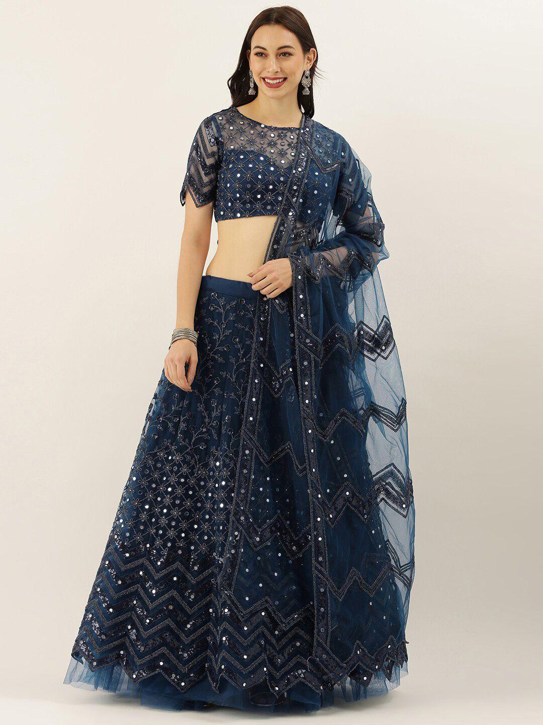 vaani creation navy blue embroidered mirror work semi-stitched lehenga & unstitched blouse with dupatta