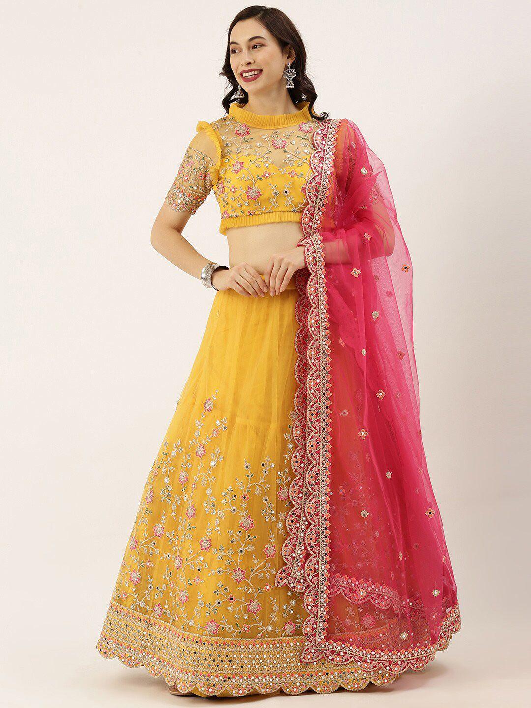 vaani creation mustard embroidered mirror work semi-stitched lehenga & unstitched blouse with dupatta