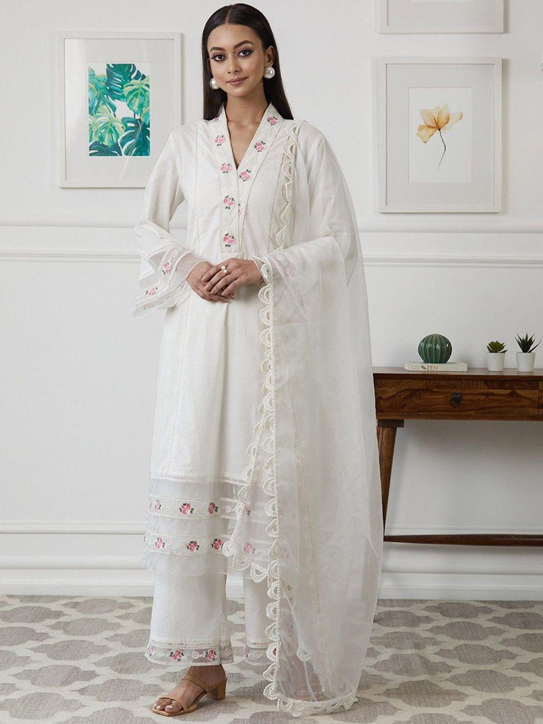 kalini floral yoke design v-neck thread work straight kurta & palazzos with dupatta