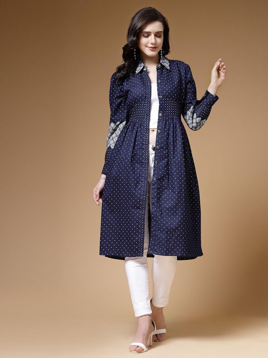 indibelle polka dots printed long sleeves cotton longline denim shrug