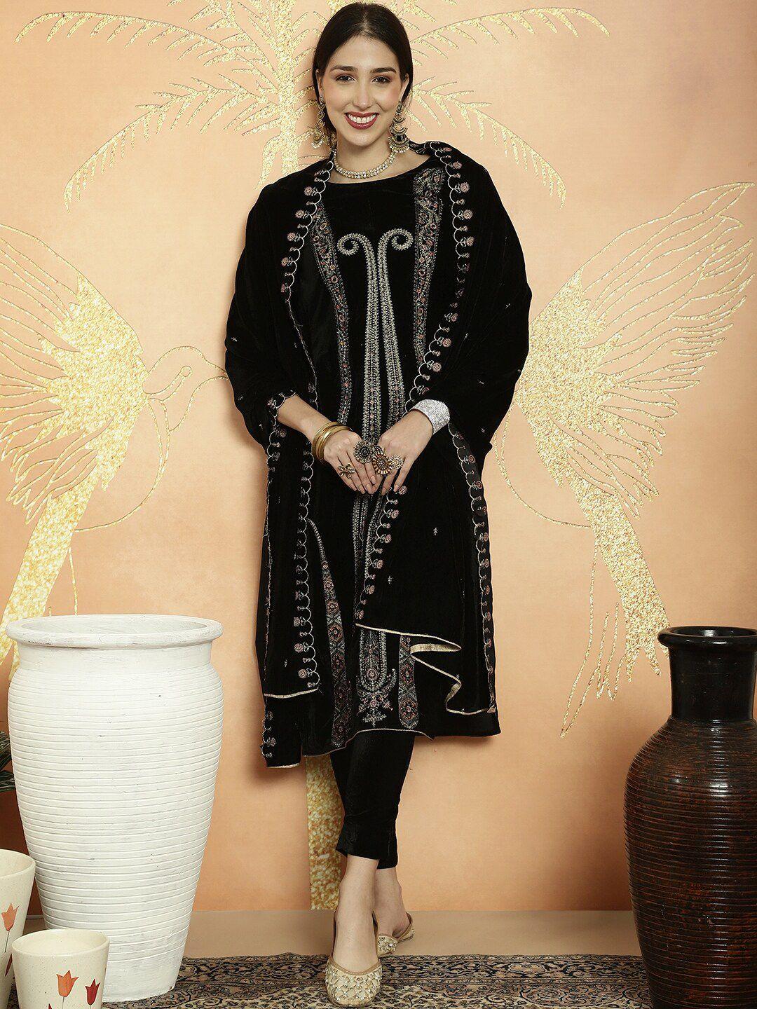 stylee lifestyle black embroidered velvet unstitched dress material