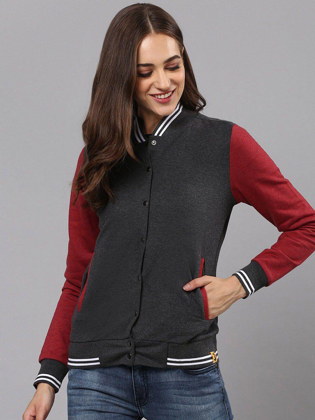 campus sutra women grey colourblocked windcheater outdoor biker jacket