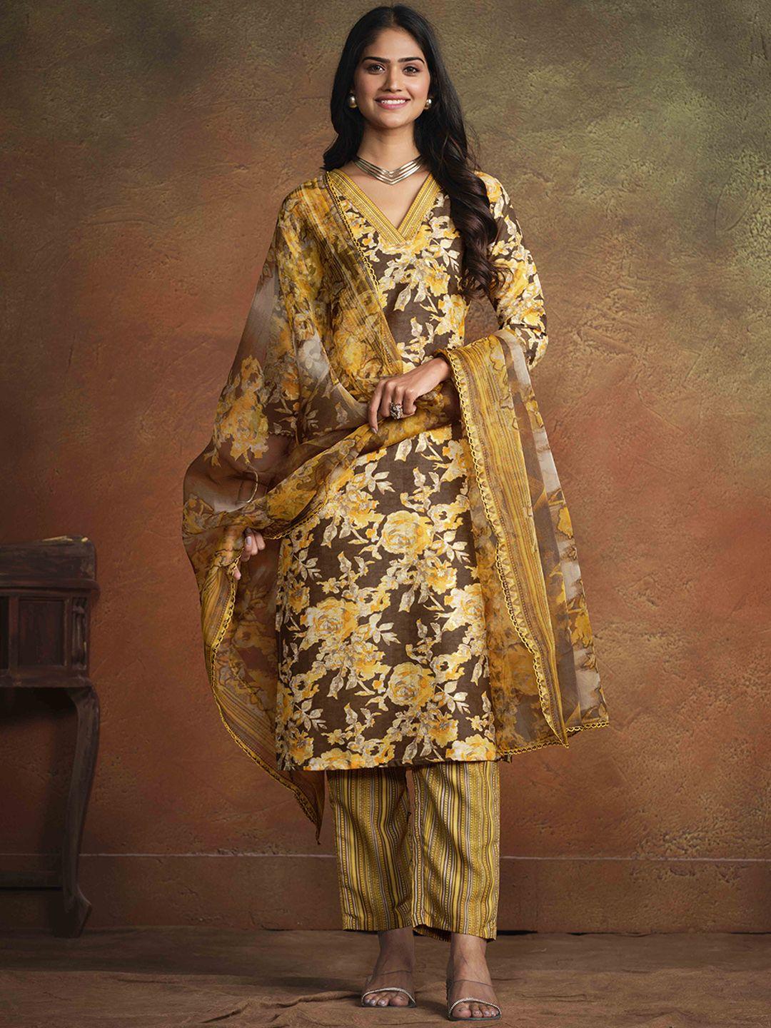 sangria printed straight kurta with trouser & dupatta set