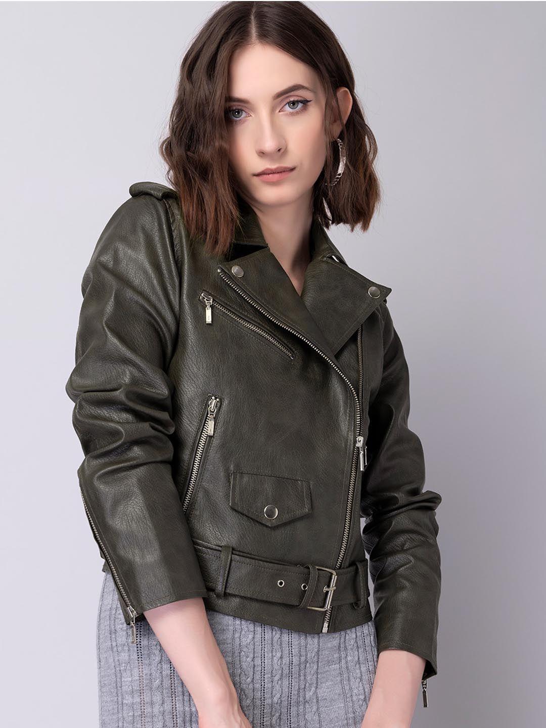 faballey olive green lapel collar faux fur crop biker jacket